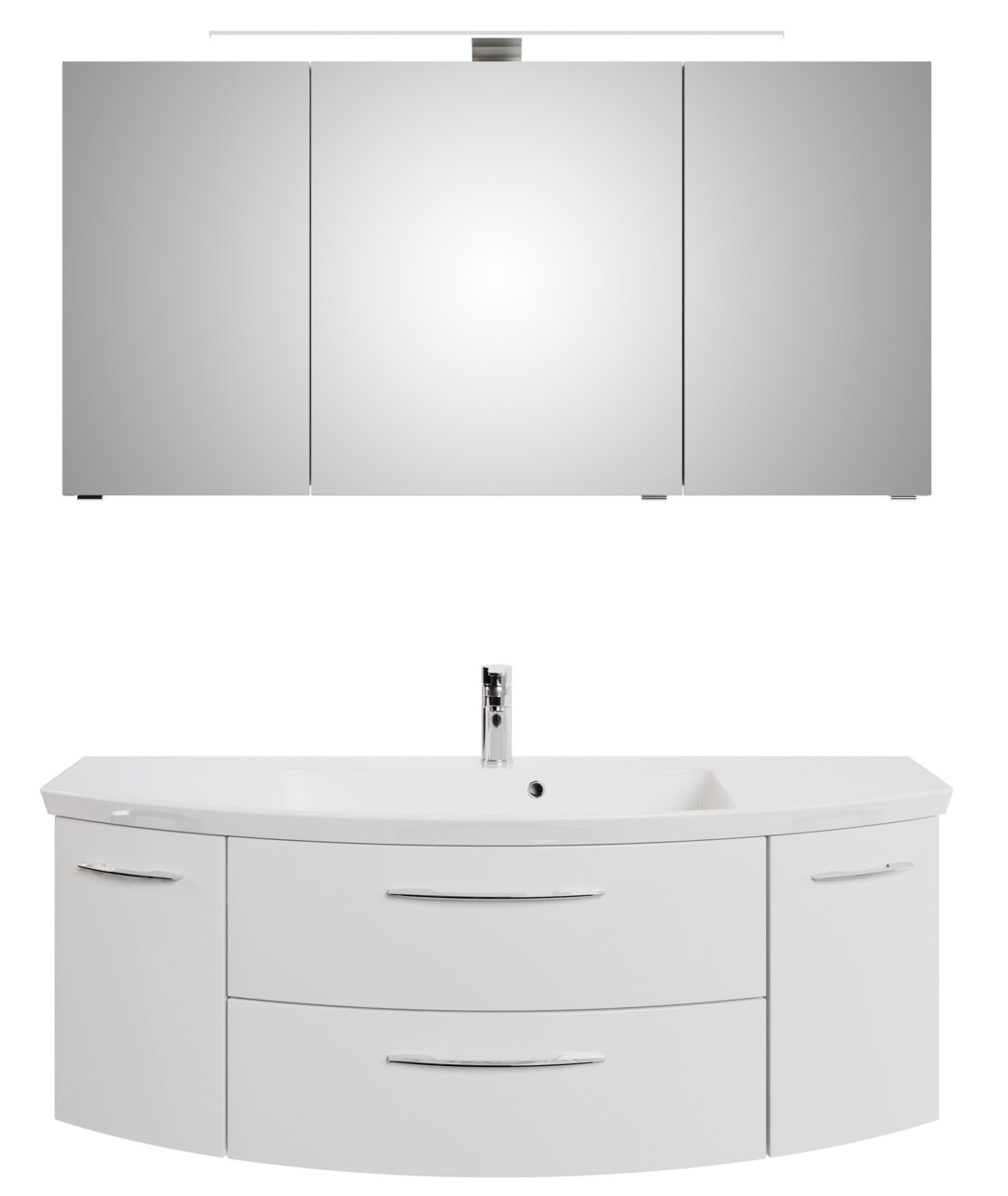 Sadena Badkombination 3-tlg. PLAKA Frontale Ansicht einer dreiteiligen Badkombination mit Spiegelschrank und Waschbeckenunterschrank in modernem Design.