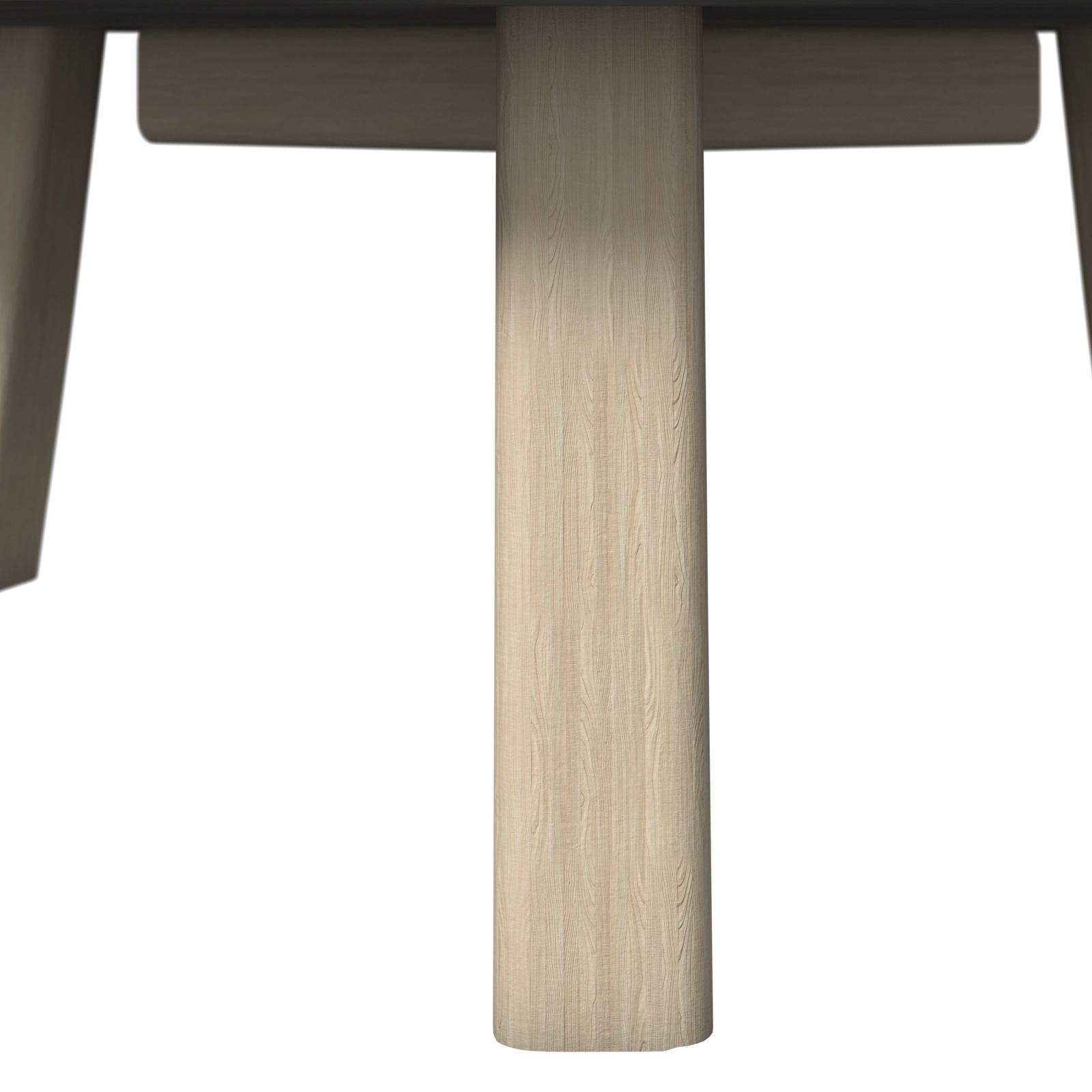 Nahaufnahme eines Tischbeins aus hellem Holz mit sichtbarer Maserung, Perspektive von unten