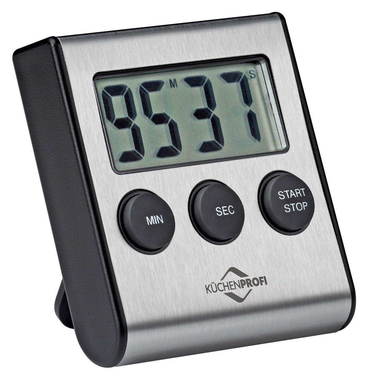 Digitaler Küchentimer PRIMUS mit Edelstahlfront, drei Tasten und großem Display, seitliche Perspektive