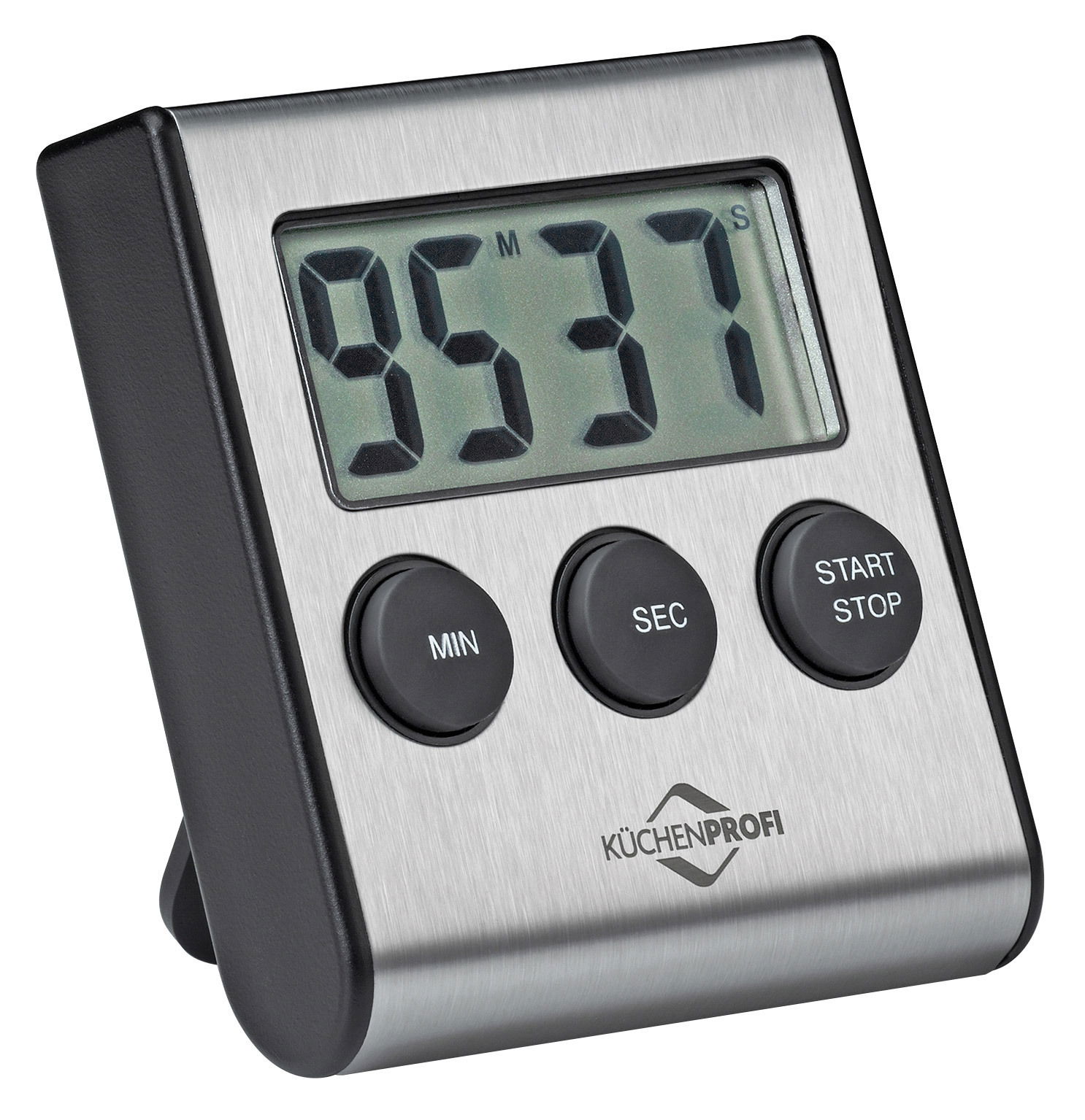 Digitaler Küchentimer PRIMUS mit Edelstahlfront, drei Tasten und großem Display, seitliche Perspektive
