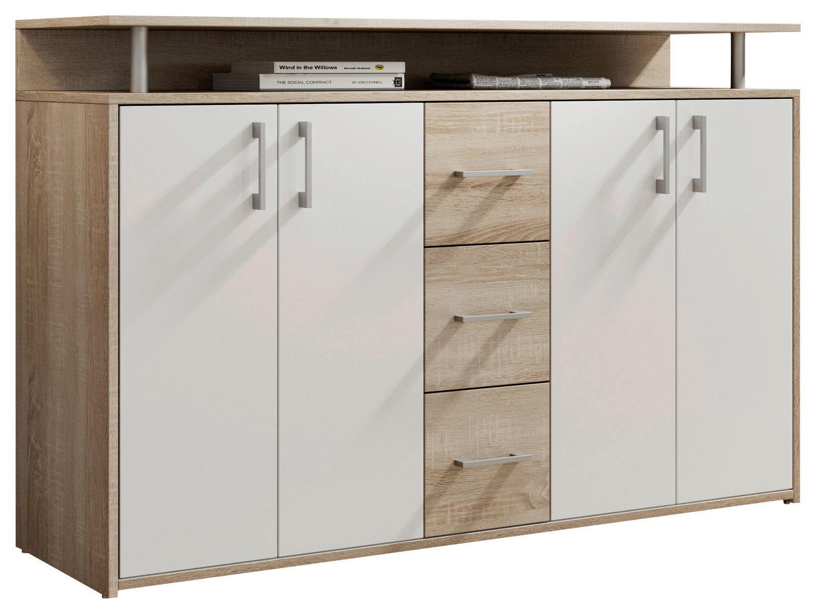 Sideboard in Holzoptik mit vier Türen und drei Schubladen, frontal fotografiert