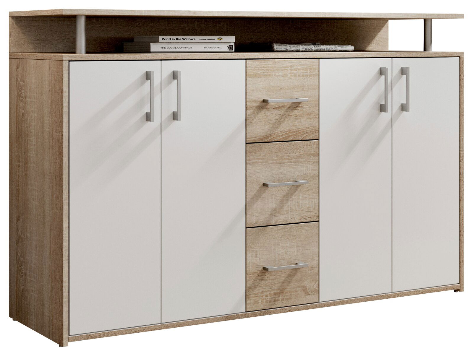 Sideboard in Holzoptik mit vier Türen und drei Schubladen, frontal fotografiert