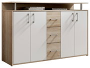 Sideboard in Holzoptik mit vier Türen und drei Schubladen, frontal fotografiert