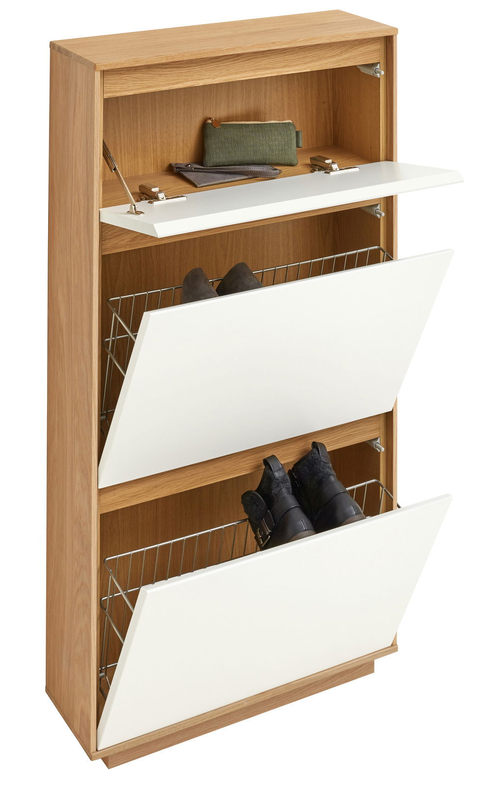 Moderner Schuhschrank aus Holz mit zwei weißen Klappen und einem offenen Fach, seitliche Perspektive
