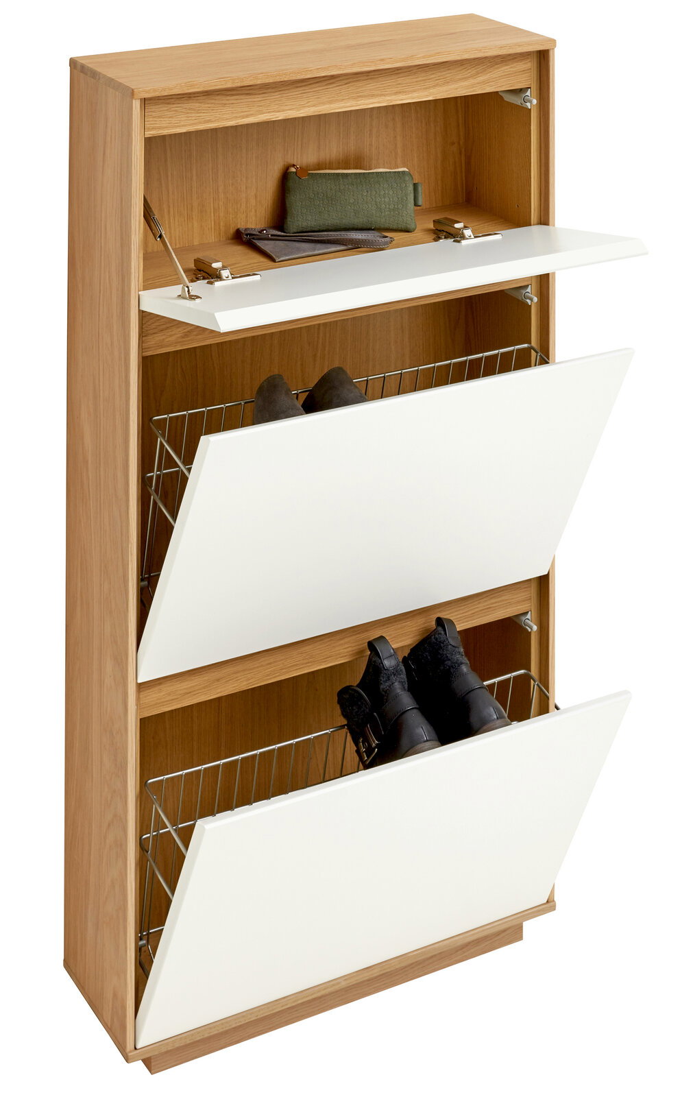 Moderner Schuhschrank aus Holz mit zwei weißen Klappen und einem offenen Fach, seitliche Perspektive