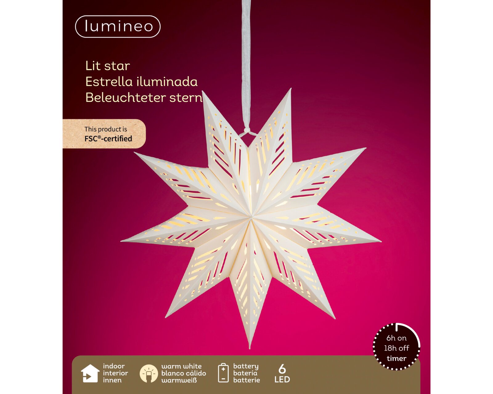 Frontalansicht eines weißen, warmweiß beleuchteten Papiersterns von Lumineo mit filigranen Ausschnitten, 6 LEDs, Batteriebetrieb und 6-Stunden-Timer für den Innenbereich
