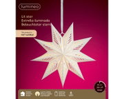 Frontalansicht eines weißen, warmweiß beleuchteten Papiersterns von Lumineo mit filigranen Ausschnitten, 6 LEDs, Batteriebetrieb und 6-Stunden-Timer für den Innenbereich