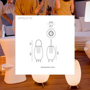 Technische Maßzeichnung der tragbaren Outdoor-Leuchte „Apolo 70“ mit ovalem Korpus und Griff, gezeigt in Vorder- und Seitenansicht sowie Draufsicht; Perspektive: frontale Ansicht der Zeichnung.