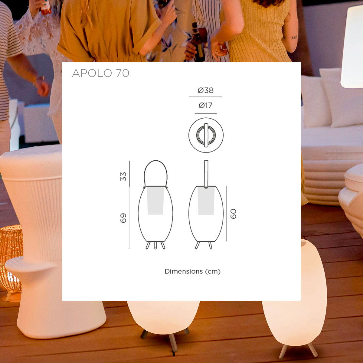 Technische Maßzeichnung der tragbaren Outdoor-Leuchte „Apolo 70“ mit ovalem Korpus und Griff, gezeigt in Vorder- und Seitenansicht sowie Draufsicht; Perspektive: frontale Ansicht der Zeichnung.