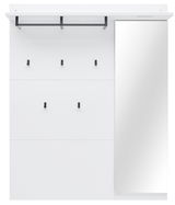 Garderobenpaneel in Weiß mit mehreren schwarzen Haken und einem integrierten Spiegel, frontal abgebildet.