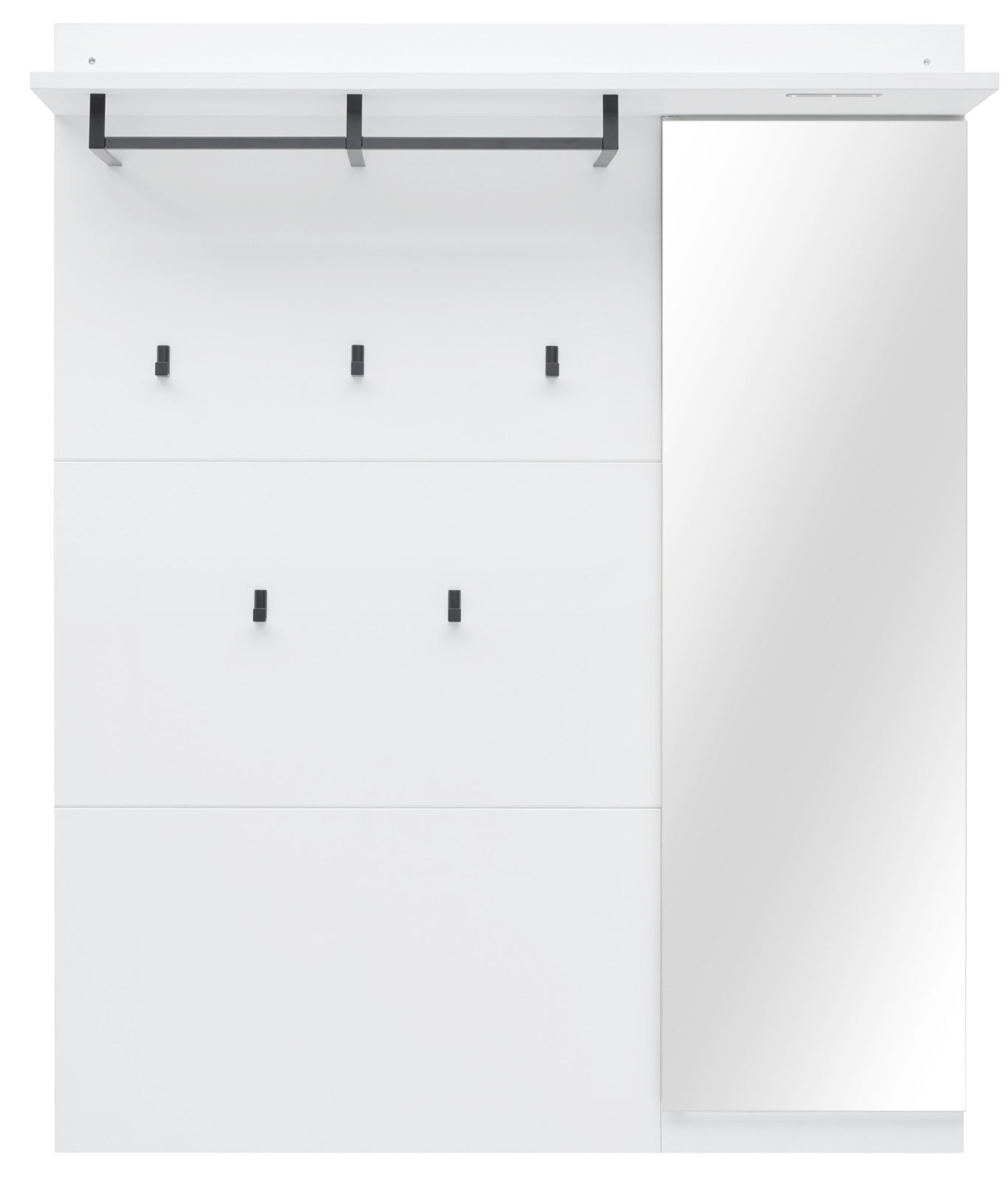 Garderobenpaneel in Weiß mit mehreren schwarzen Haken und einem integrierten Spiegel, frontal abgebildet.