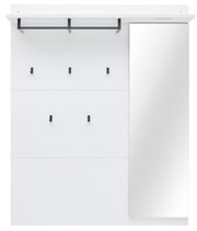 Garderobenpaneel in Weiß mit mehreren schwarzen Haken und einem integrierten Spiegel, frontal abgebildet.