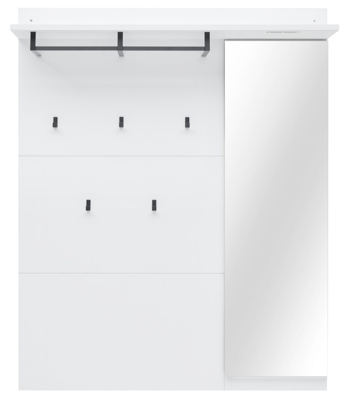 Garderobenpaneel in Weiß mit mehreren schwarzen Haken und einem integrierten Spiegel, frontal abgebildet.