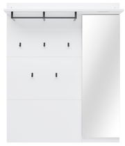 Garderobenpaneel in Weiß mit mehreren schwarzen Haken und einem integrierten Spiegel, frontal abgebildet.