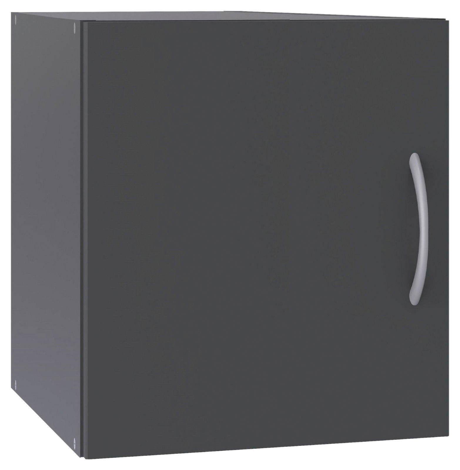 Schwarzer Schrankaufsatz mit silbernem Griff, seitliche Perspektive