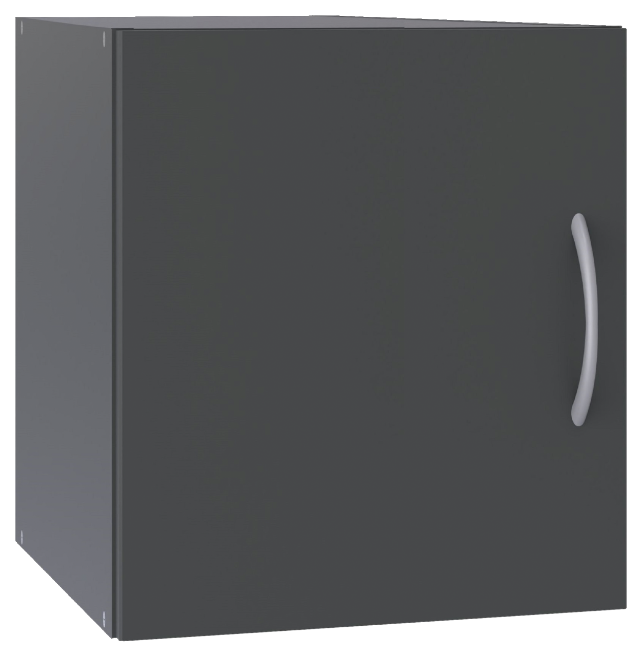 Schwarzer Schrankaufsatz mit silbernem Griff, seitliche Perspektive