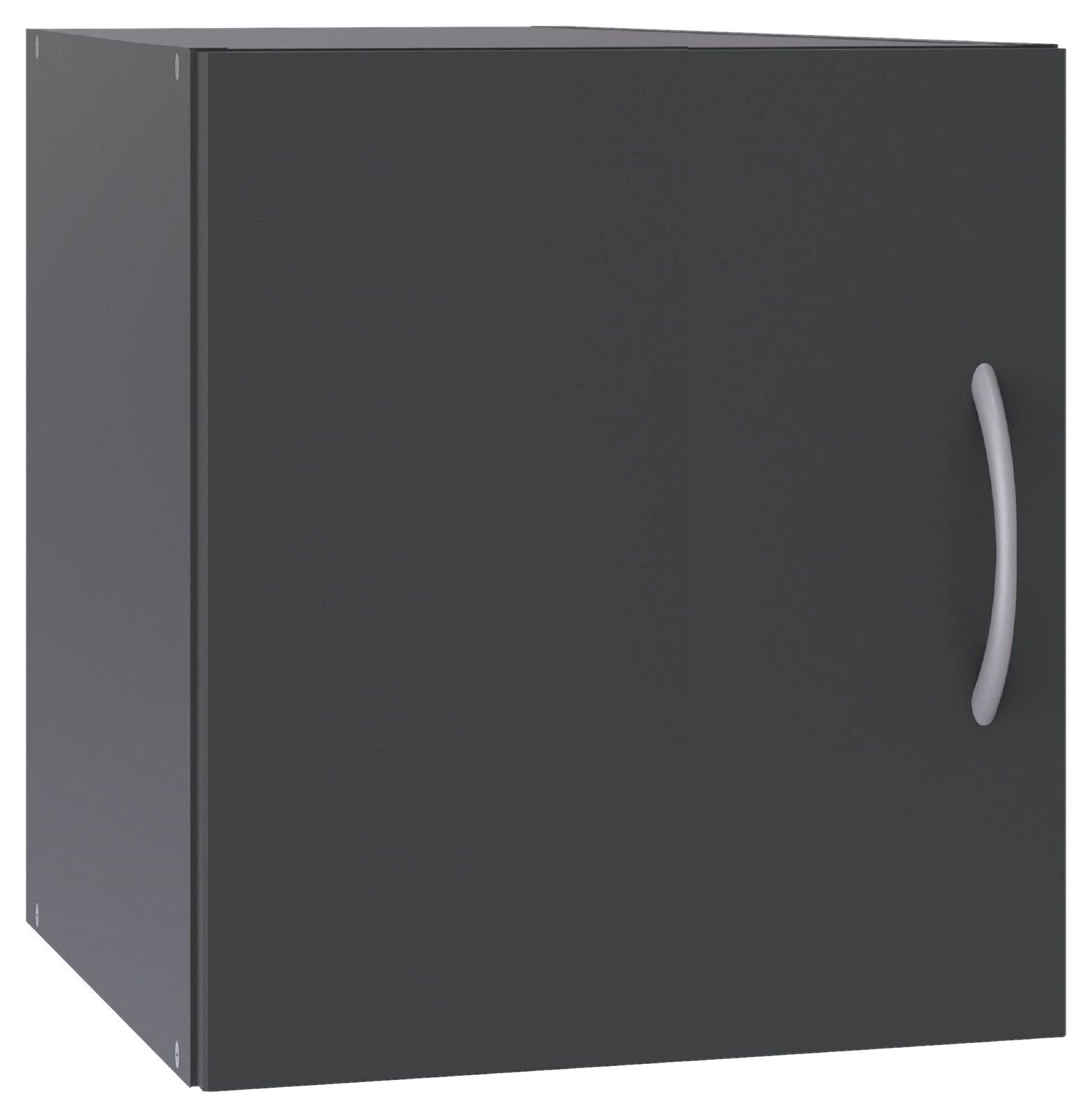 Schwarzer Schrankaufsatz mit silbernem Griff, seitliche Perspektive