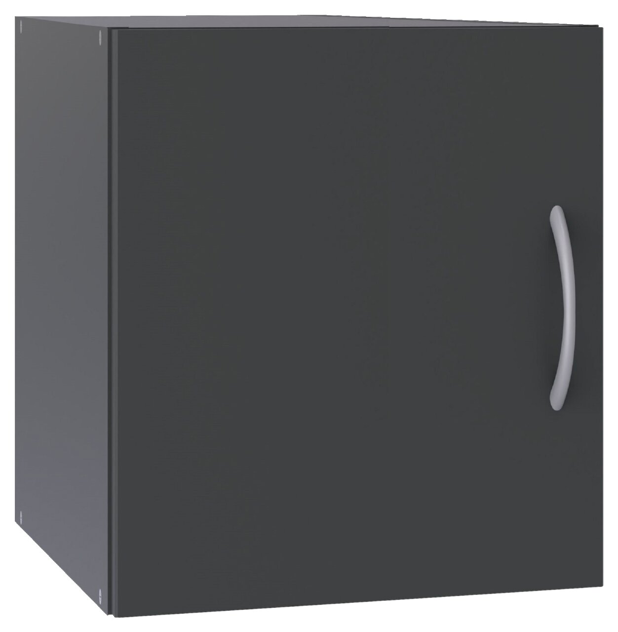 Schwarzer Schrankaufsatz mit silbernem Griff, seitliche Perspektive