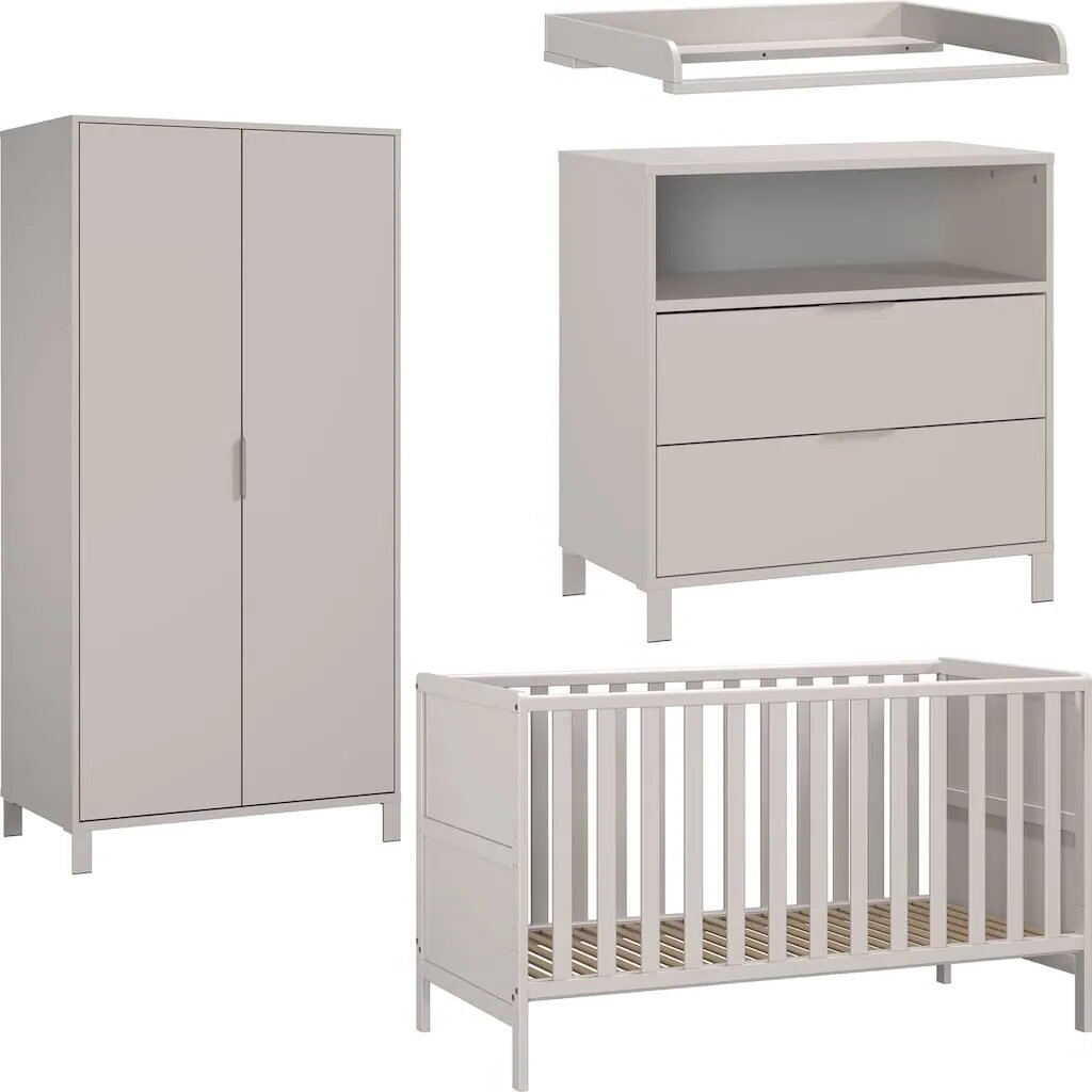 Babyzimmer-Set bestehend aus einem Kleiderschrank, einer Wickelkommode, einem Regalaufsatz und einem Gitterbett, frontal abgebildet.