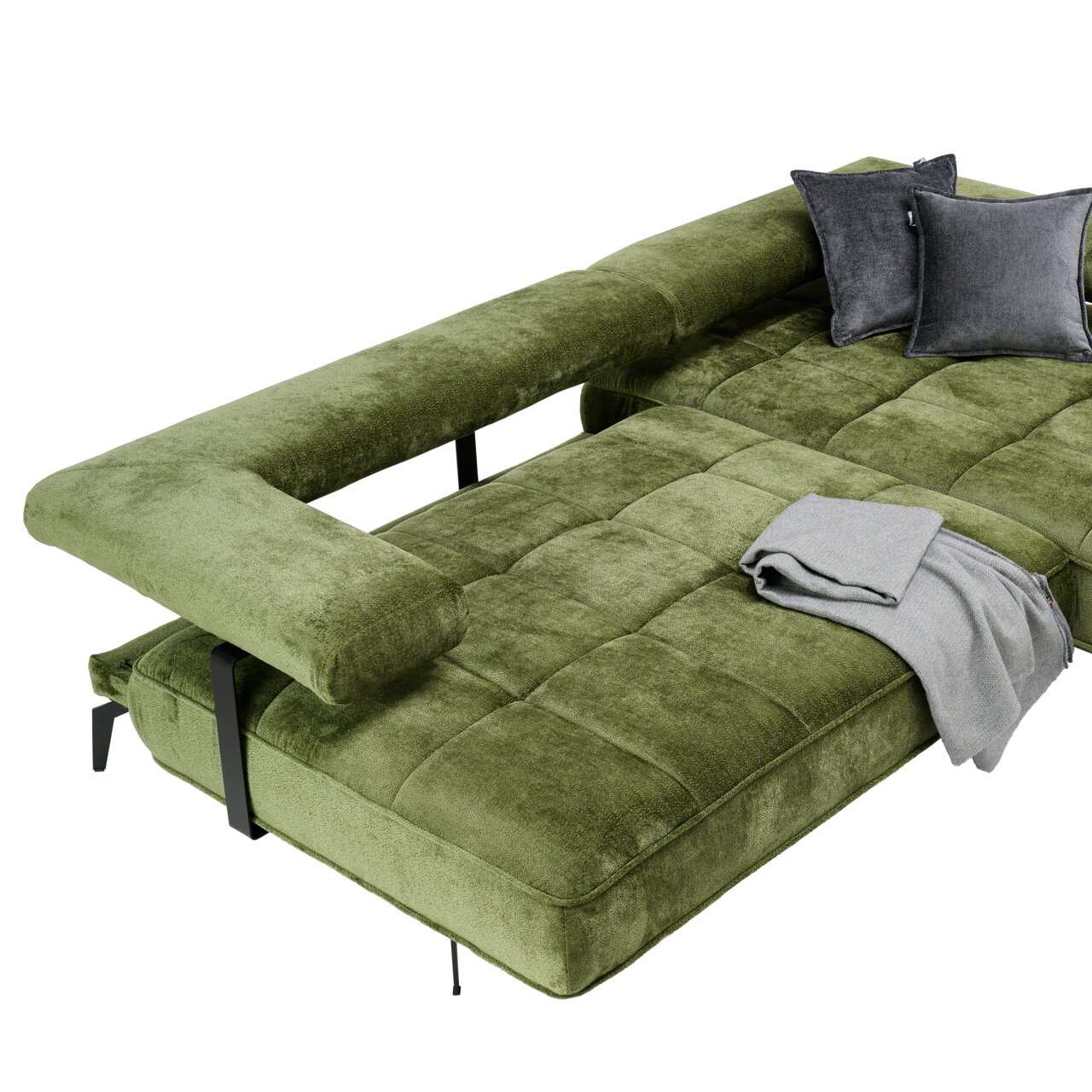 Grüne Longchairkombination mit grauen Kissen und Decke, Perspektive von oben.