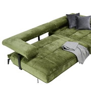 Grüne Longchairkombination mit grauen Kissen und Decke, Perspektive von oben.