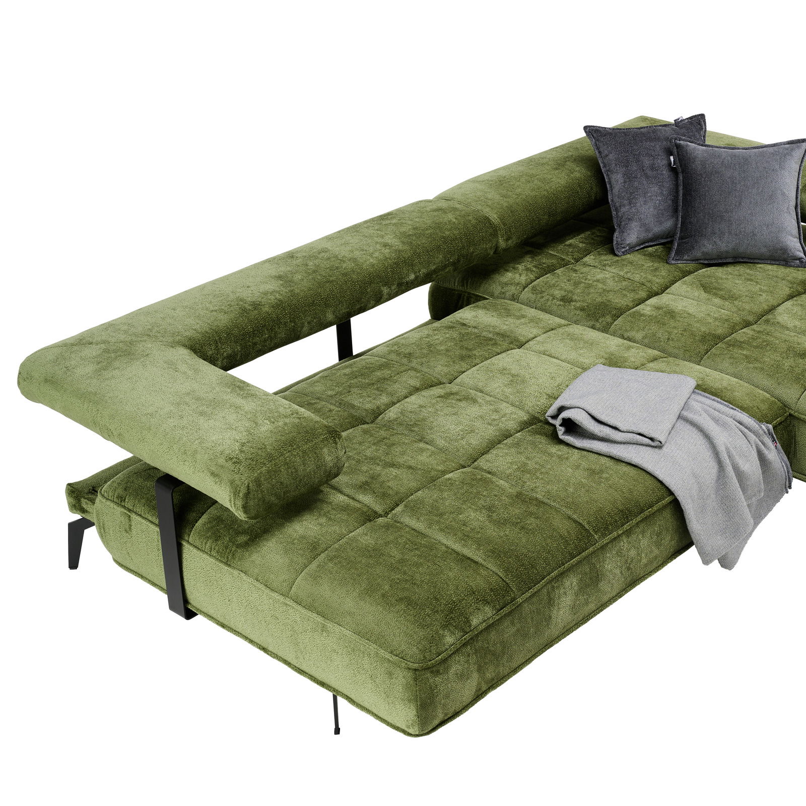 Grüne Longchairkombination mit grauen Kissen und Decke, Perspektive von oben.