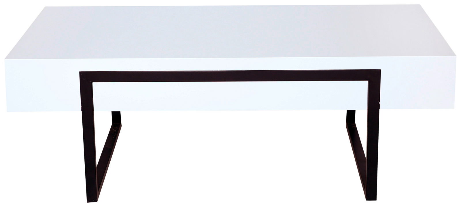Moderner Couchtisch mit weißer Tischplatte und schwarzem Metallgestell, Frontalansicht