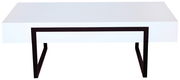Moderner Couchtisch mit weißer Tischplatte und schwarzem Metallgestell, Frontalansicht