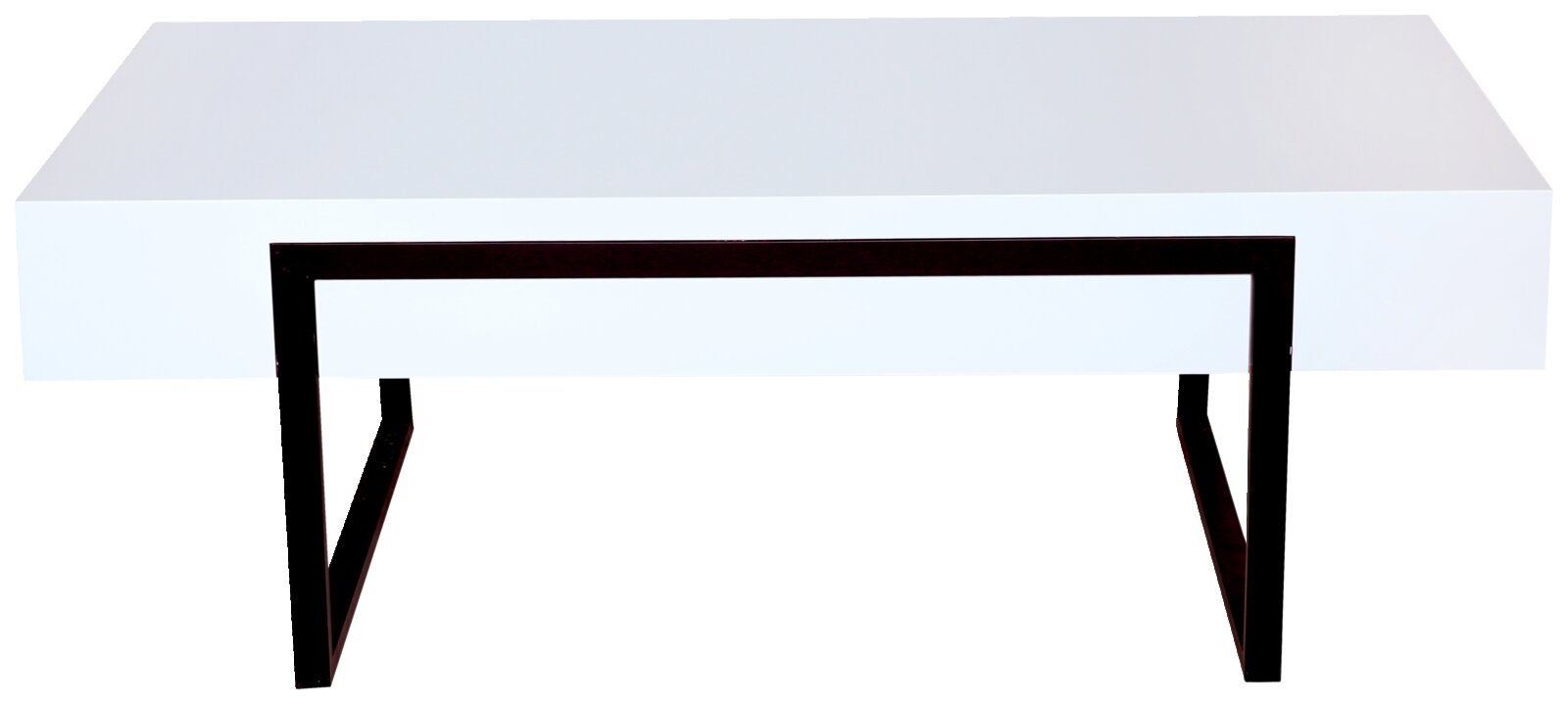 Moderner Couchtisch mit weißer Tischplatte und schwarzem Metallgestell, Frontalansicht
