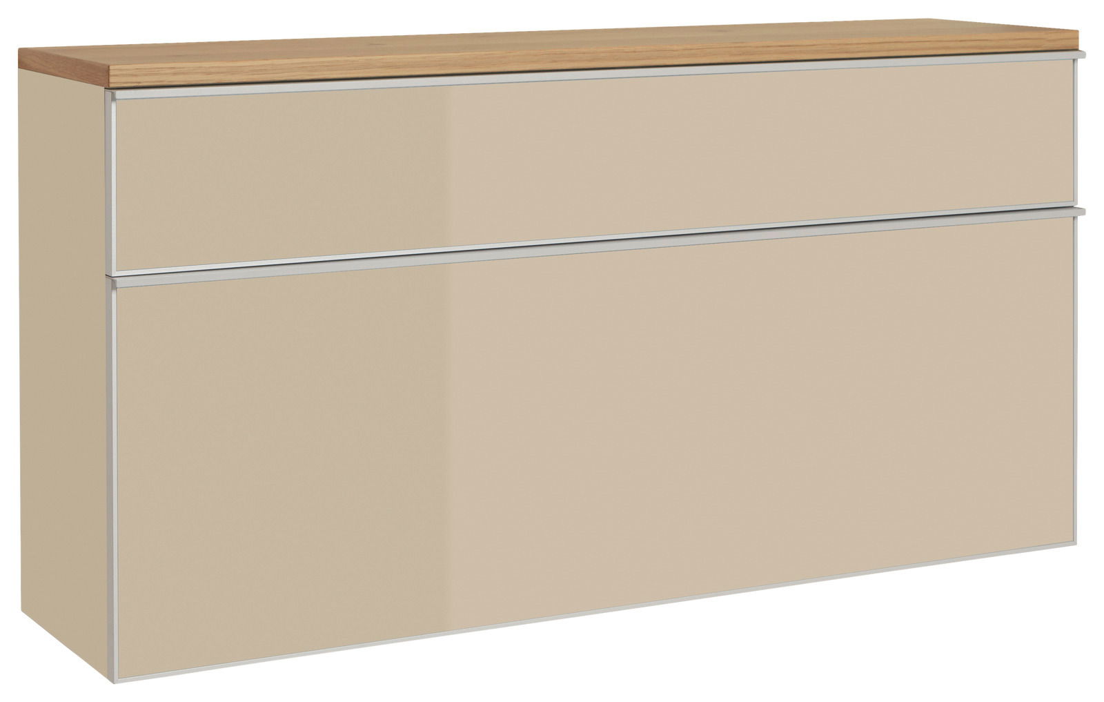 Hängeschuhschrank in Beige mit Holzoberfläche, seitliche Perspektive