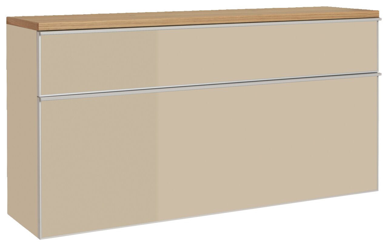 Hängeschuhschrank in Beige mit Holzoberfläche, seitliche Perspektive