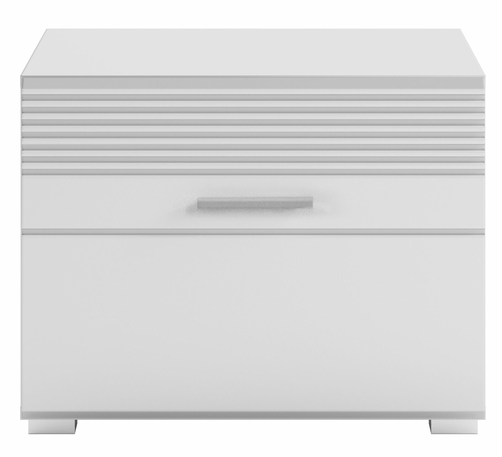 Weiße Kommode mit horizontalen Linien und Griff, Frontalansicht