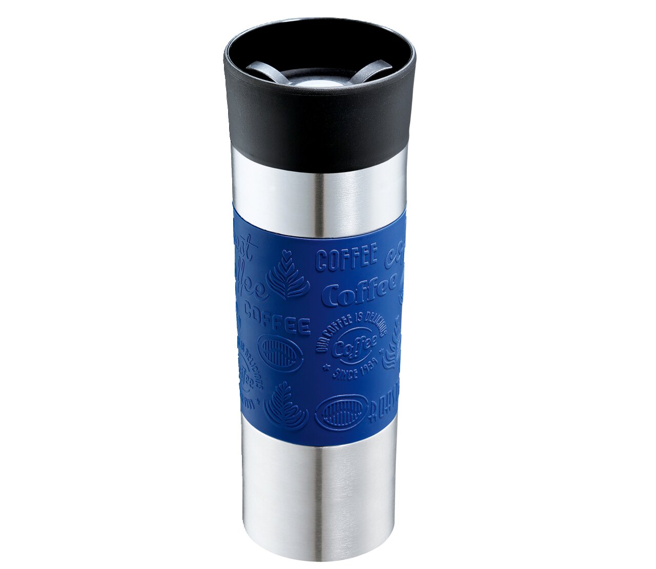 Isoliertrinkbecher 500ml in Blau mit Edelstahl und schwarzem Deckel, seitliche Ansicht