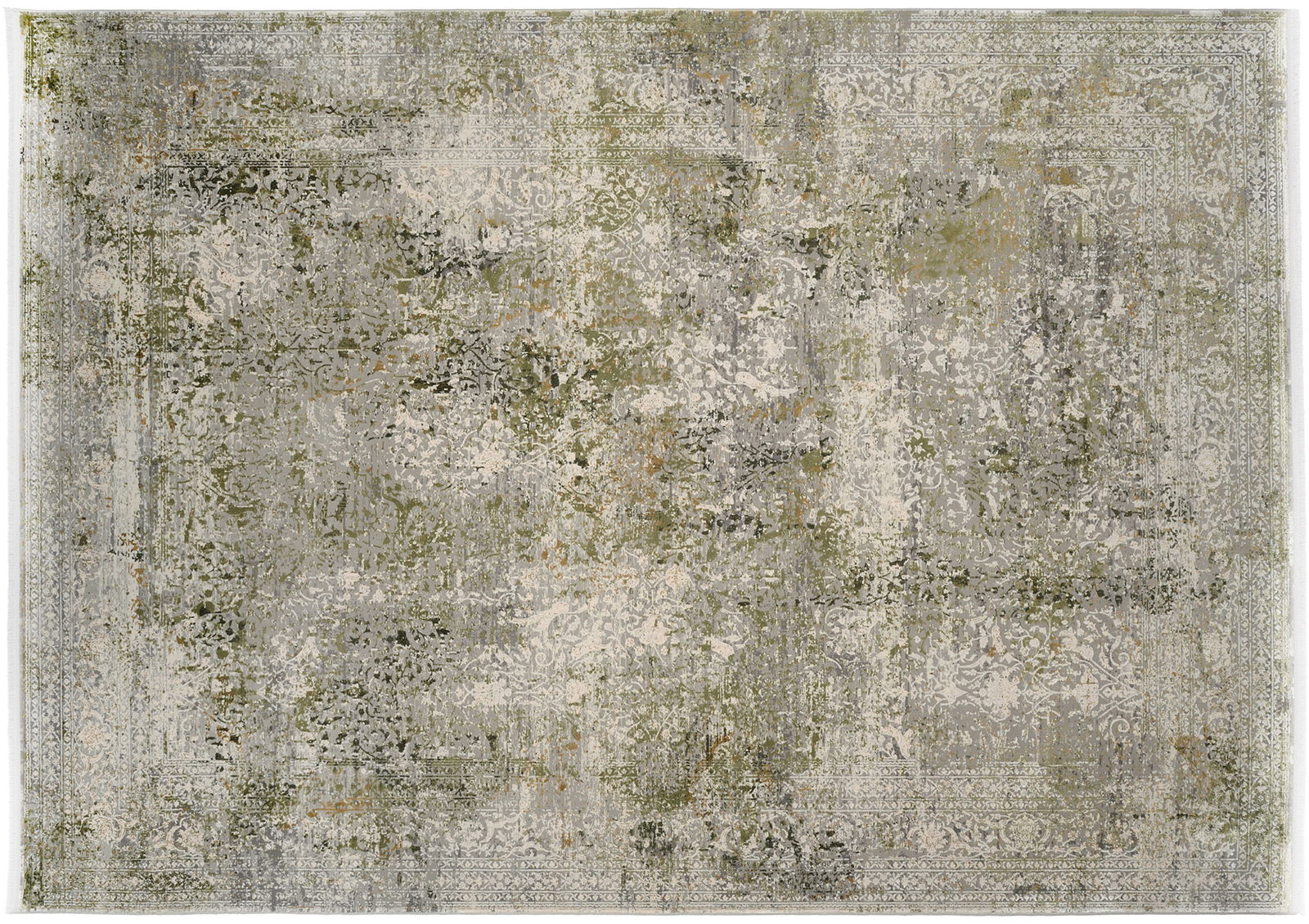 Designer Teppich in Grau- und Grüntönen mit abstraktem Muster, Draufsicht