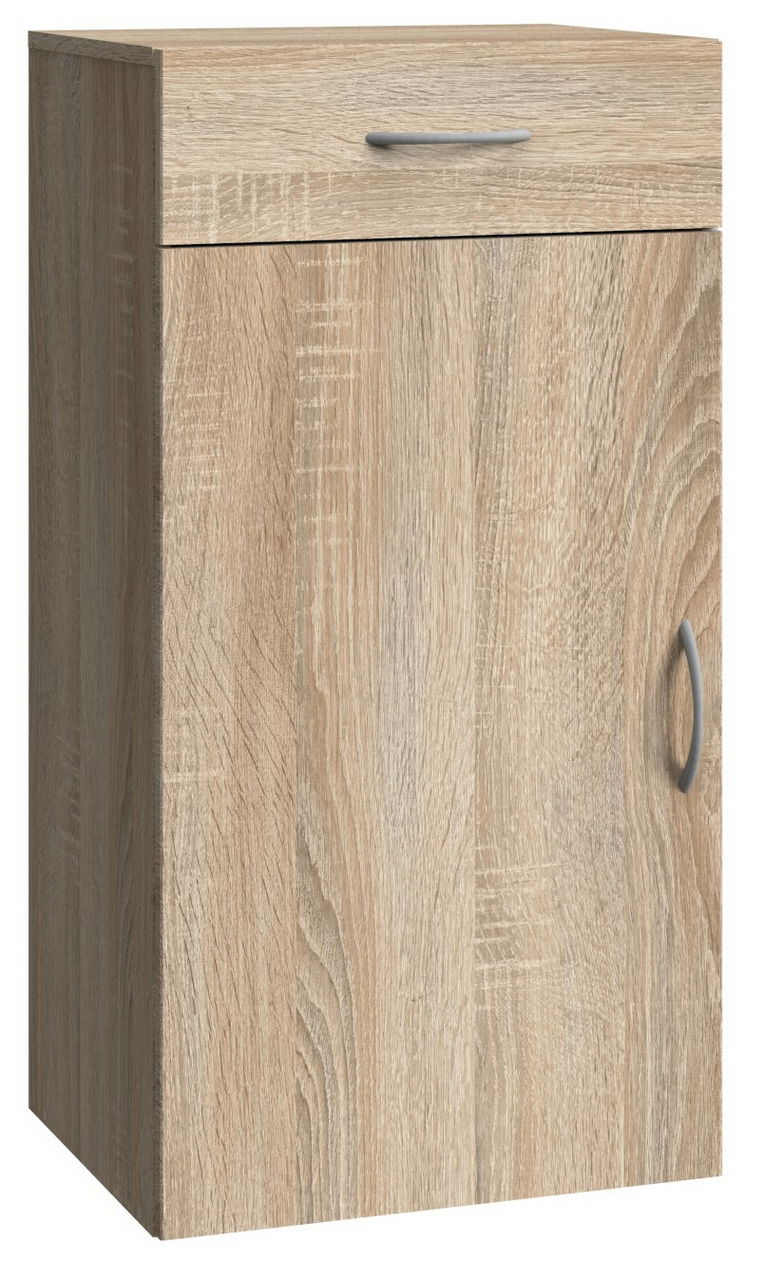 Wäschekommode aus Holz in Eichenoptik mit einer Schublade und einer Tür, seitliche Perspektive