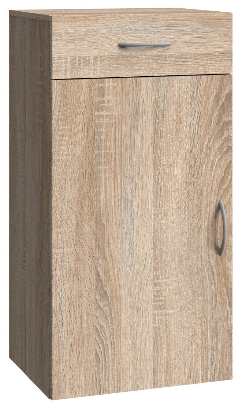 Wäschekommode aus Holz in Eichenoptik mit einer Schublade und einer Tür, seitliche Perspektive