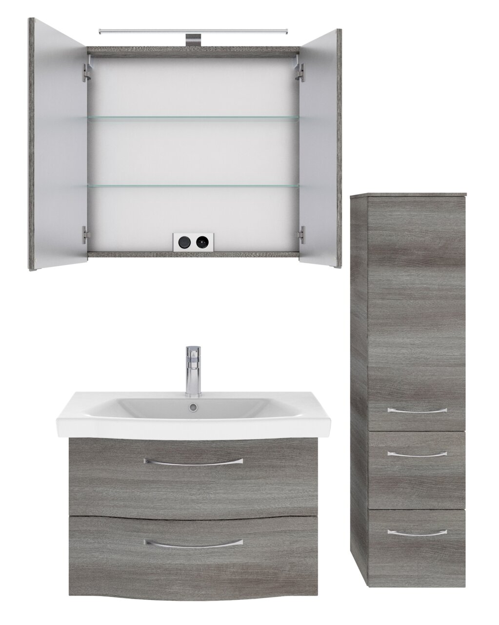 Badblock-Set bestehend aus einem Waschbeckenunterschrank mit zwei Schubladen, einem Spiegelschrank mit offenen Türen und einem hohen Seitenschrank, frontal abgebildet.