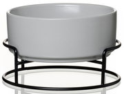 Grauer Napf in einem schwarzen Metallständer, seitliche Perspektive