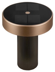 Solarbetriebene Gartenleuchte mit rundem schwarzem Solarpanel und bronzefarbenem Ring auf geriffeltem schwarzem Stab, in frontaler Ansicht leicht von oben