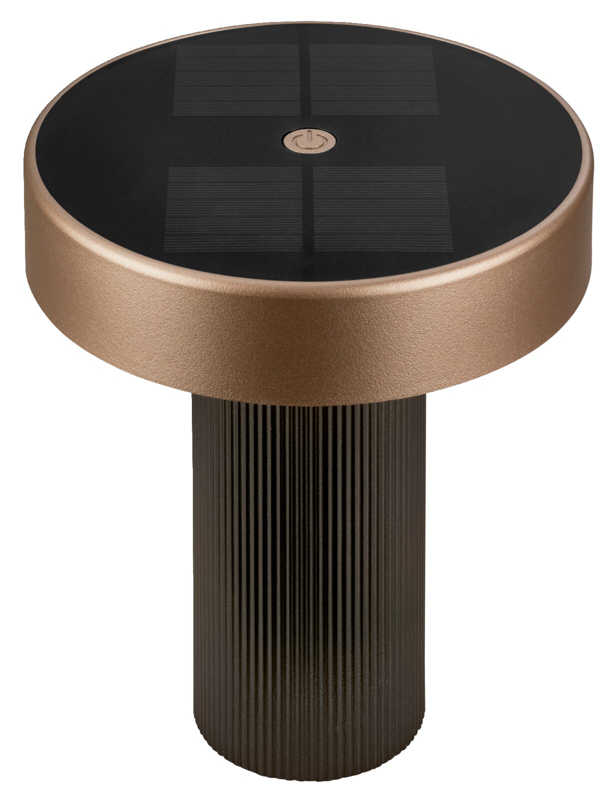 Solarbetriebene Gartenleuchte mit rundem schwarzem Solarpanel und bronzefarbenem Ring auf geriffeltem schwarzem Stab, in frontaler Ansicht leicht von oben