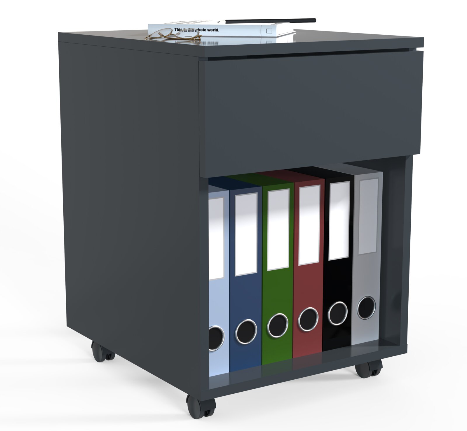 Dunkelgrauer, rollbarer Büro-Container mit Schublade und offenem Fach für Ordner; Ansicht schräg von vorn links, oben liegen Buch, Brille und Stift.
