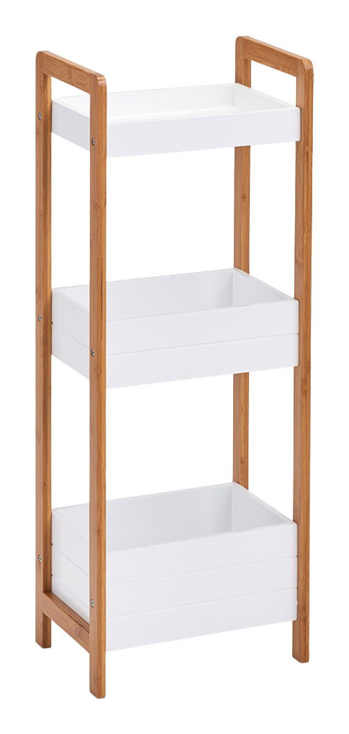 Standregal mit drei weißen Ablagefächern und Holzrahmen, seitliche Perspektive