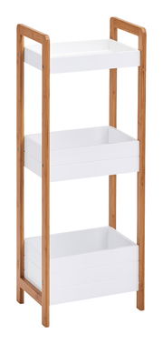 Standregal mit drei weißen Ablagefächern und Holzrahmen, seitliche Perspektive