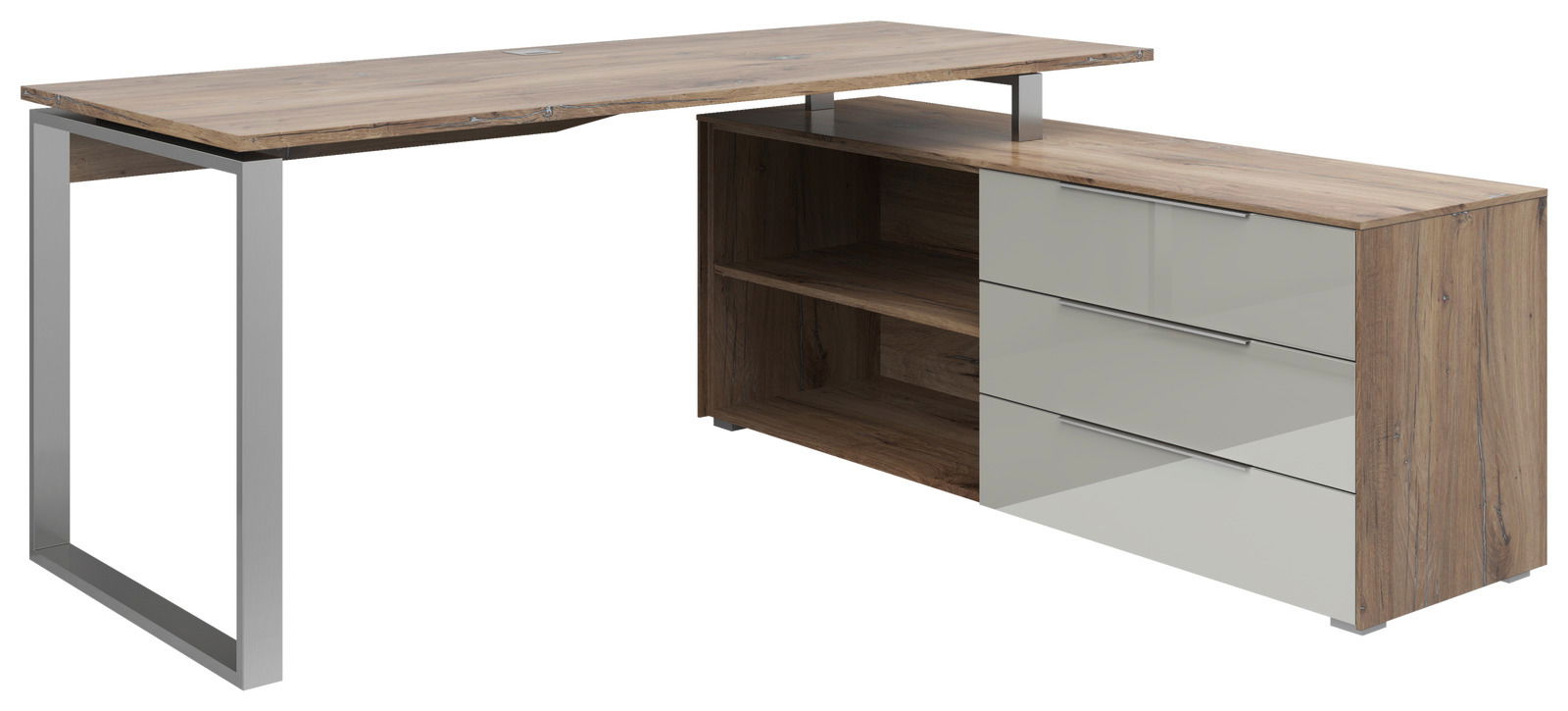 Voleo Eckschreibtisch NEVADA Moderner Eckschreibtisch Voleo NEVADA mit Holzoptik und Metallgestell, seitliche Perspektive