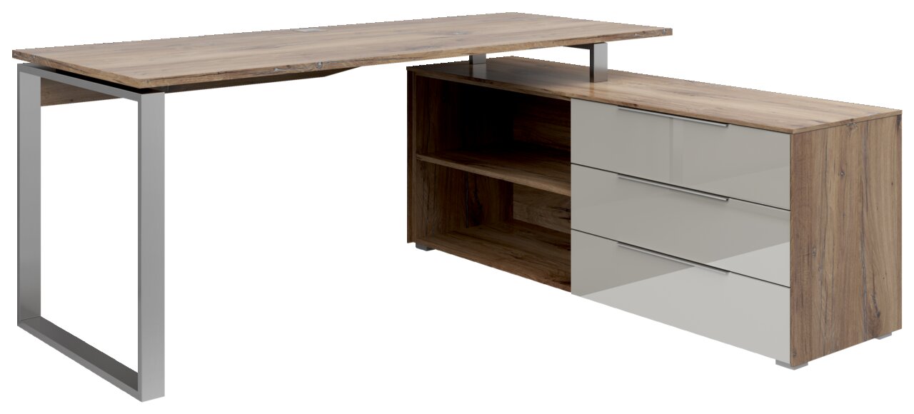 Moderner Eckschreibtisch Voleo NEVADA mit Holzoptik und Metallgestell, seitliche Perspektive
