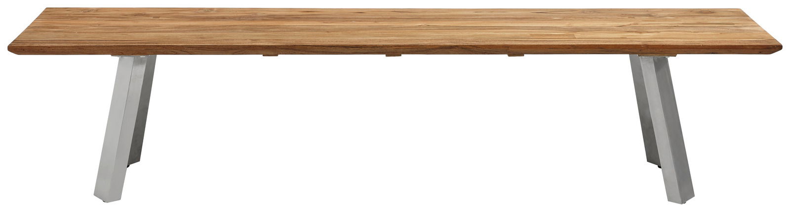 Gartenbank aus Holz mit Metallbeinen, frontal betrachtet