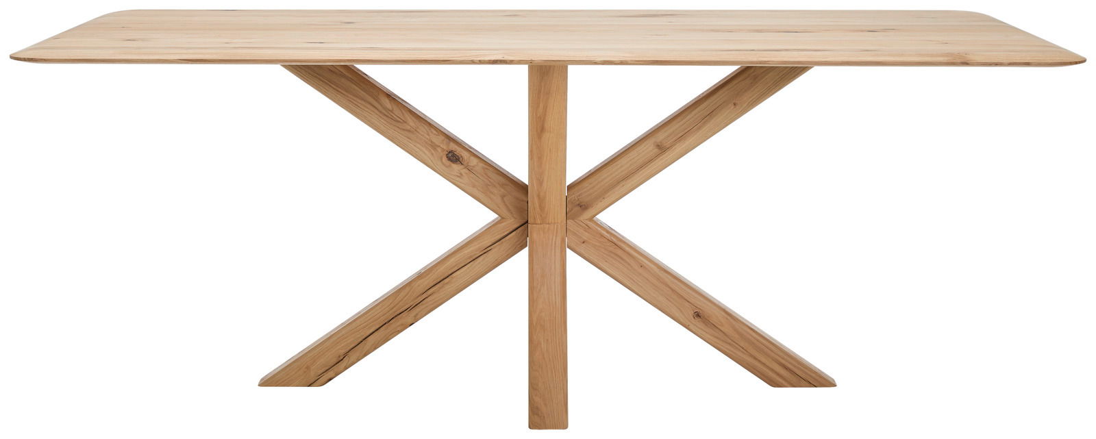 Esstisch aus Holz mit X-förmigem Gestell, frontal betrachtet