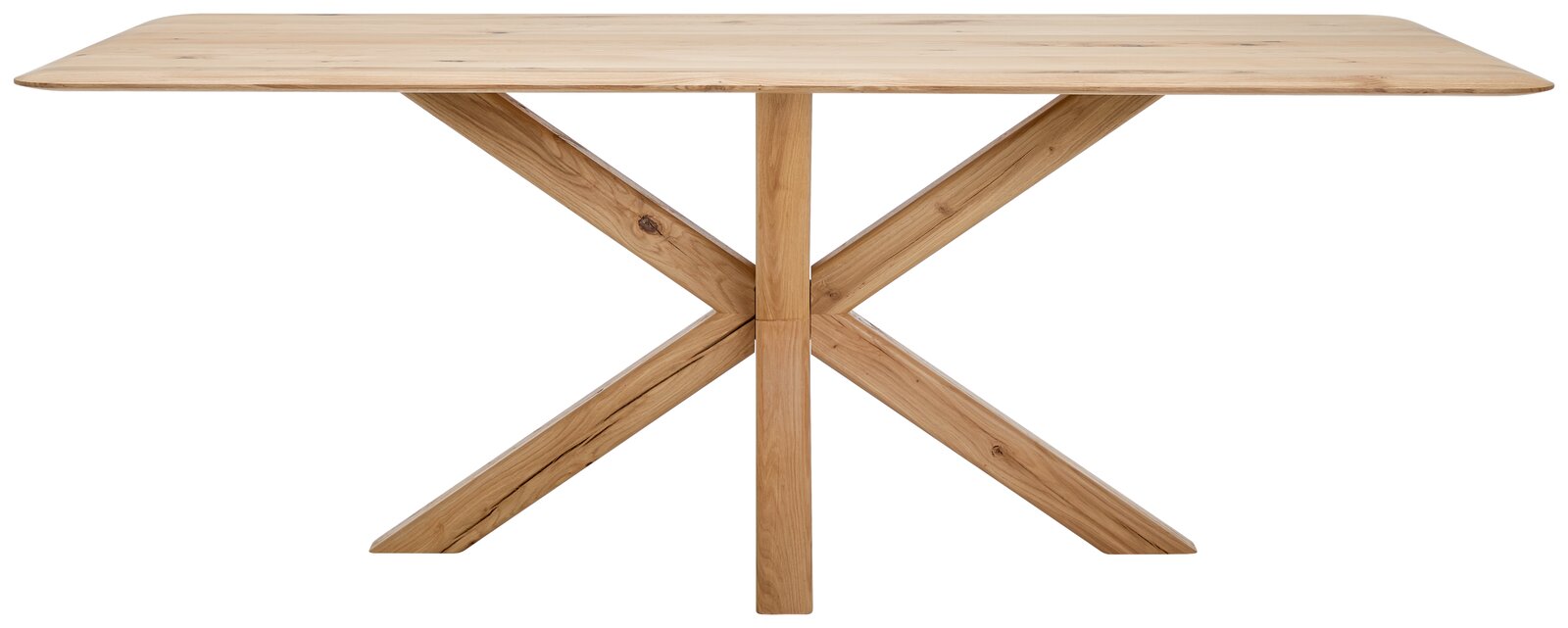 Esstisch aus Holz mit X-förmigem Gestell, frontal betrachtet