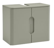 Modernes Badezimmer-Unterschrank für ein Waschbecken in Mattgrau mit zwei Türen und Ausschnitt für den Siphon, schräg von vorn (3/4-Ansicht) freigestellt auf weißem Hintergrund