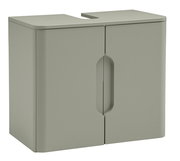 Modernes Badezimmer-Unterschrank für ein Waschbecken in Mattgrau mit zwei Türen und Ausschnitt für den Siphon, schräg von vorn (3/4-Ansicht) freigestellt auf weißem Hintergrund